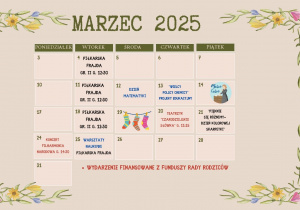 Grafika przedstawia kartkę z kalendarza z wydarzeniami na miesiąc marzec